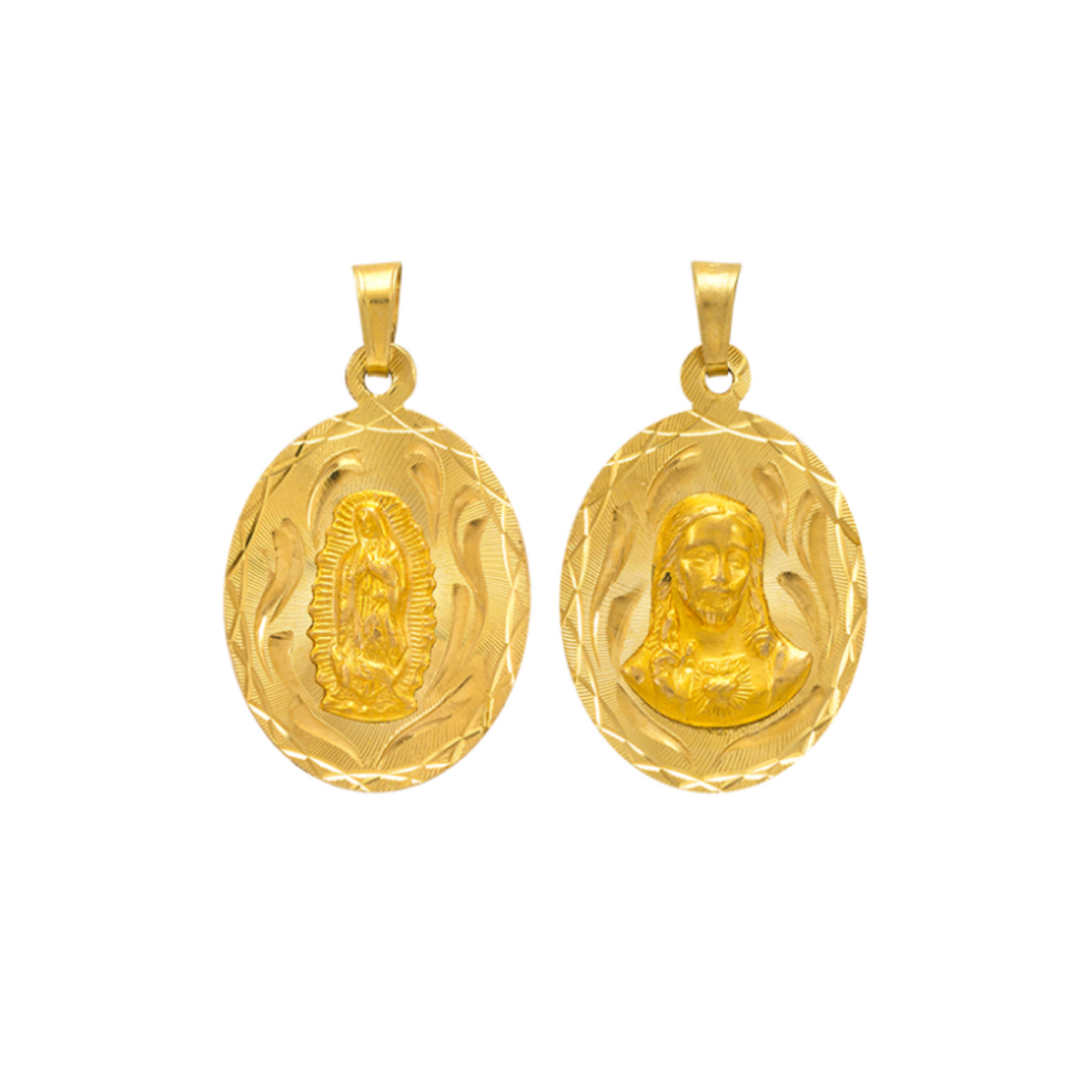 14K Gold Double Sided Jesus & Virgencita Oval Pendant