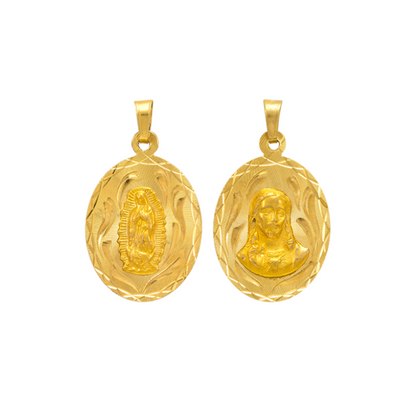 14K Gold Double Sided Jesus & Virgencita Oval Pendant